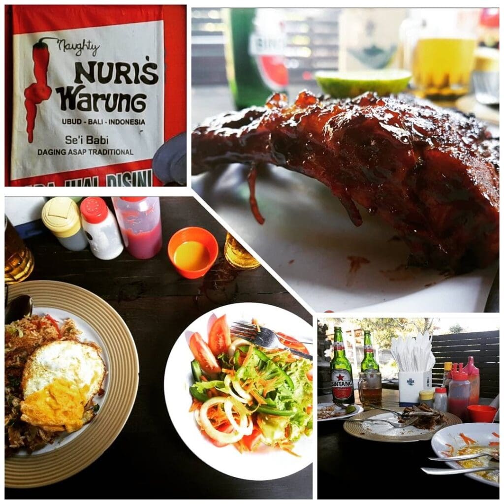 Naughty Nuri's Warung sign, ribs, fried rice Bintang beer