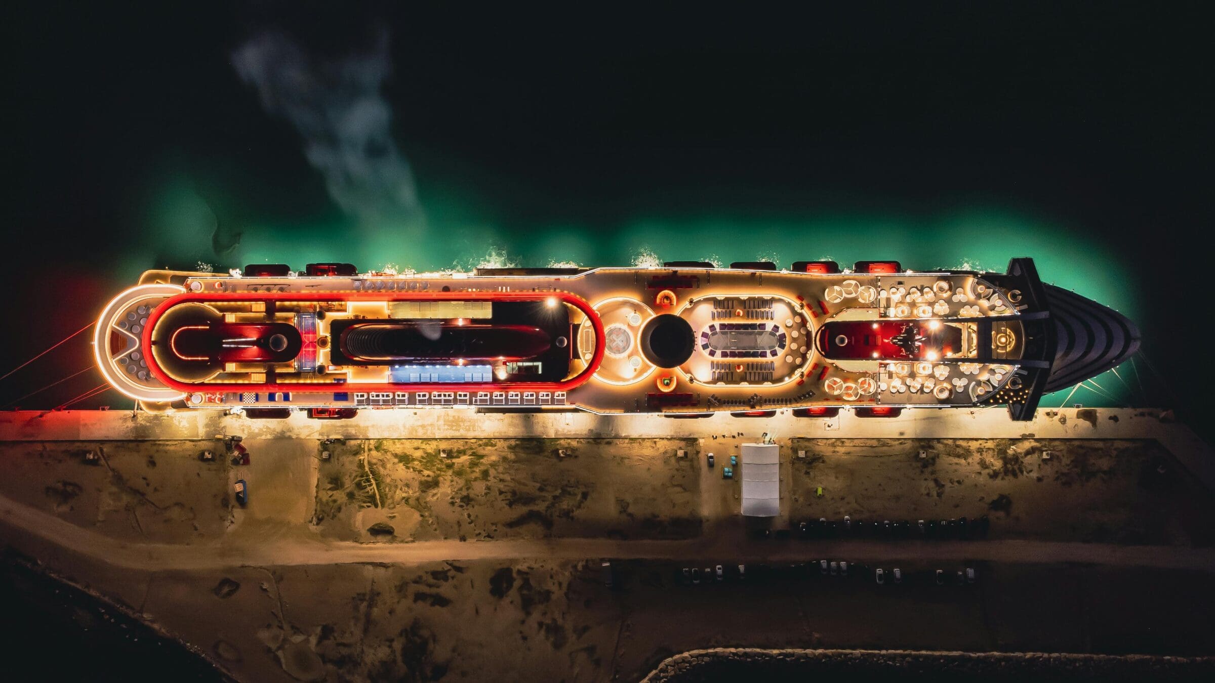 Aerial View of a luxury cruise ship docked at night