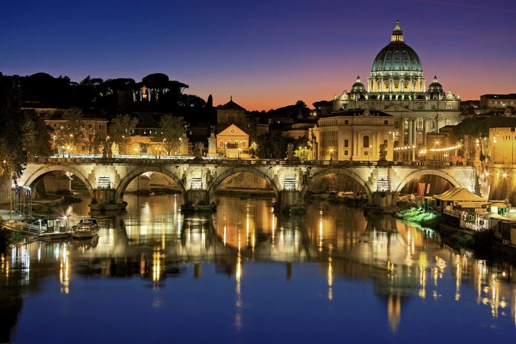 European Cityscape at night with the stone building lit up