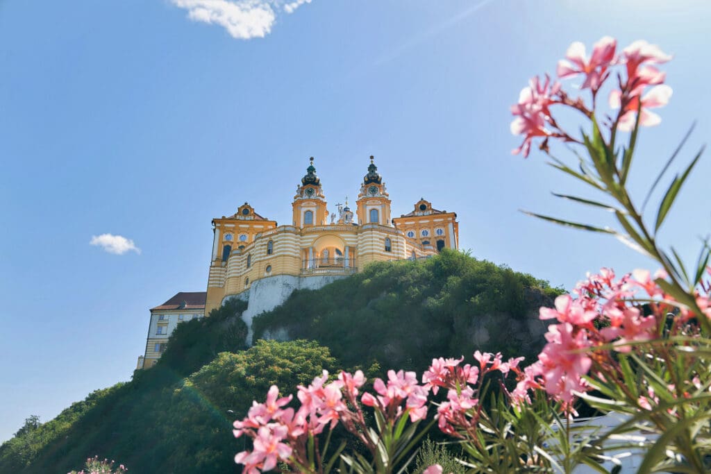 The view looking up at Melk Abbey in the daytime