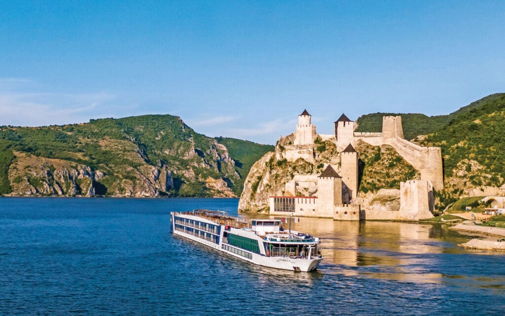 The AmaBella on the Danube River in front of Golubac Fortress
