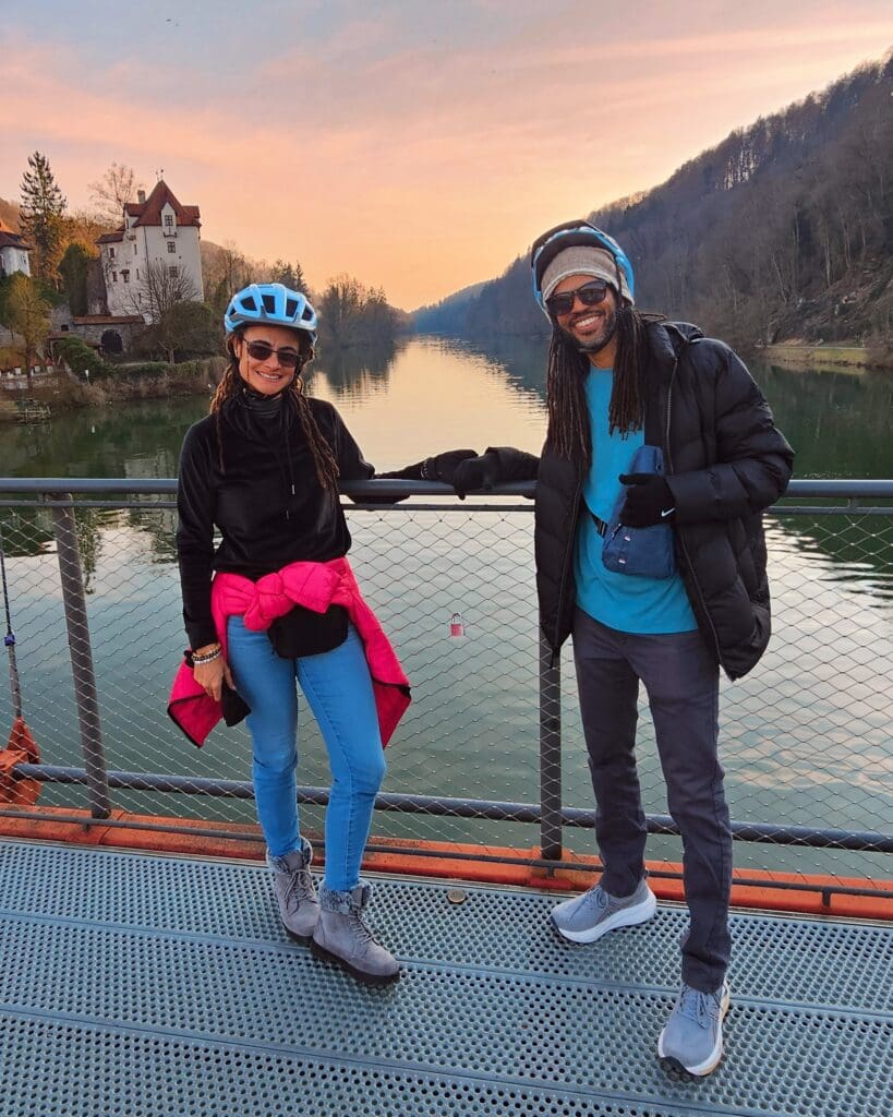 Man and woman on a bridge Her in Austria Him in Germany