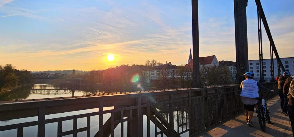 Crossing from Passau Germany to Austria on small bridge with river views