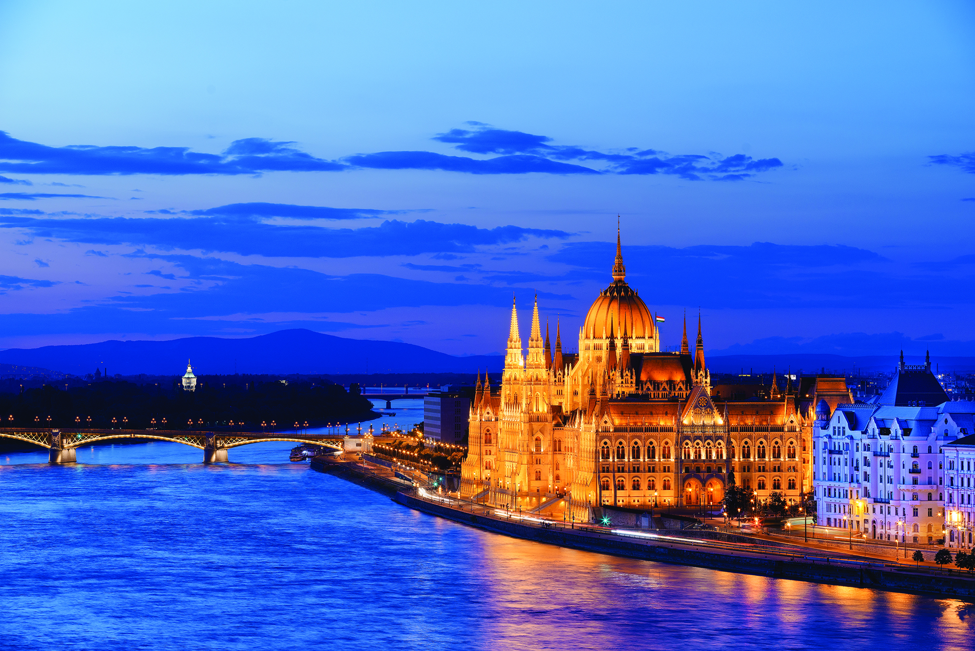 Budapest Parliament building lit up at night