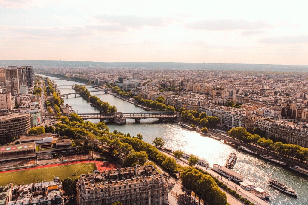 Scenic aerial view of Paris showing River Seine, bridges, and historic architecture.
Paris, France

