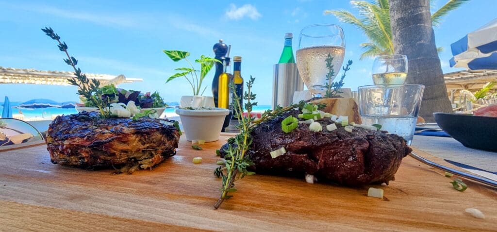 Seared Steak on the beach in St. Martin.