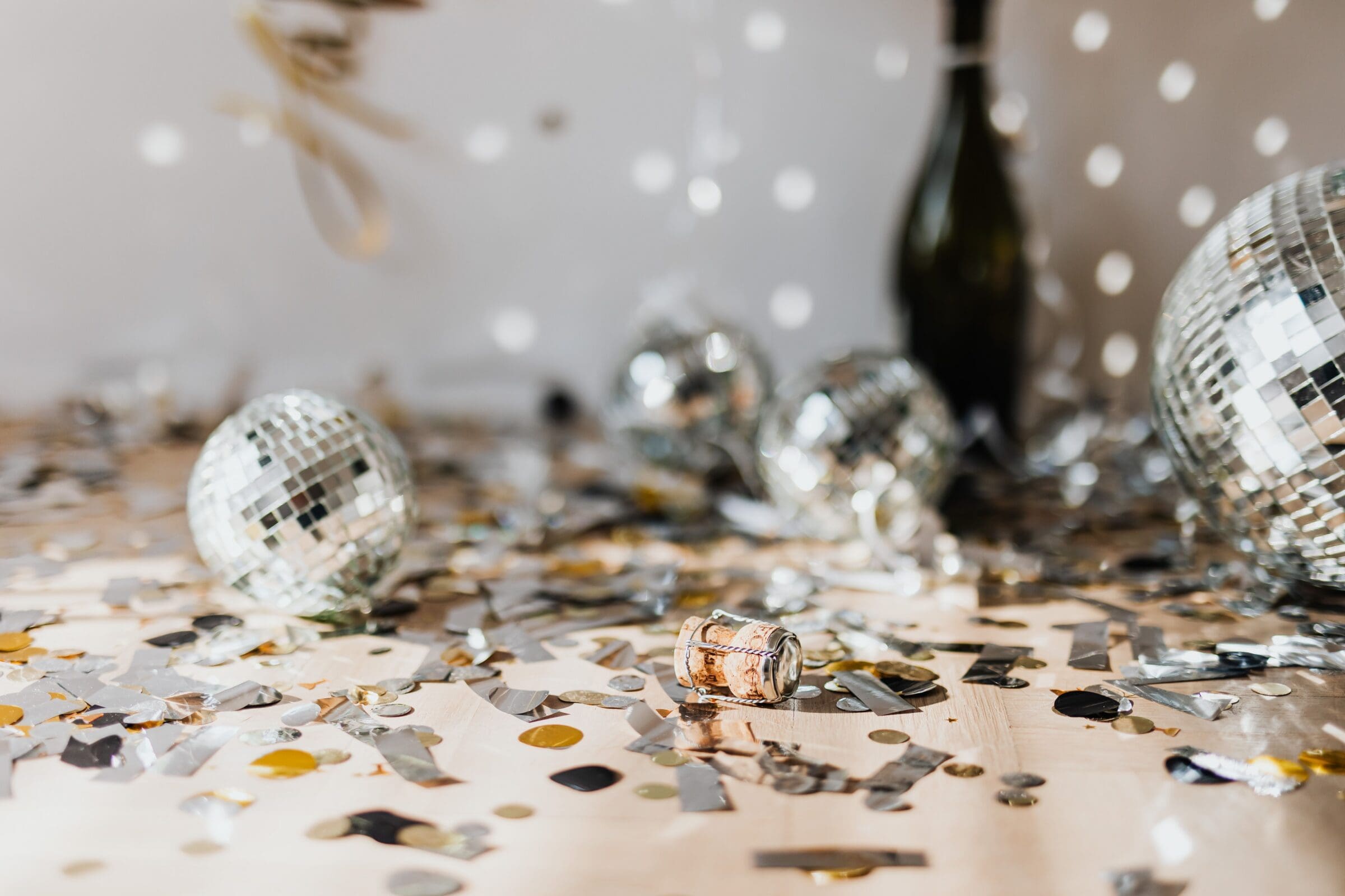 mini disco balls confetti and champagne