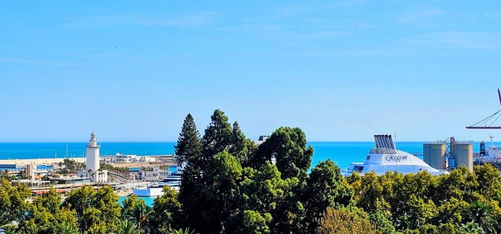 tree obstructed view of Reagent Seven Seas small ship docked in Malaga, Spain