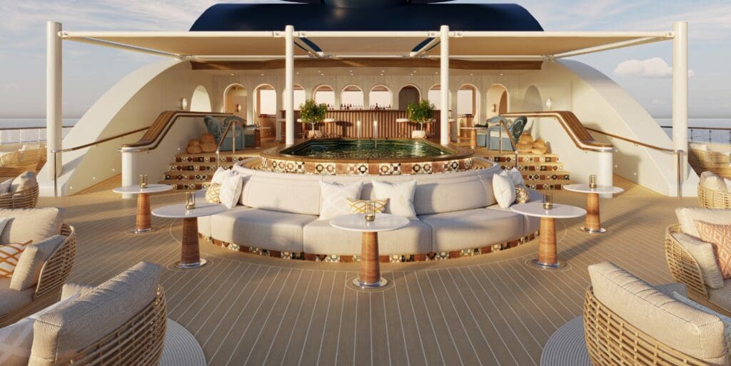 elegant circular bar with  seating around on yacht deck